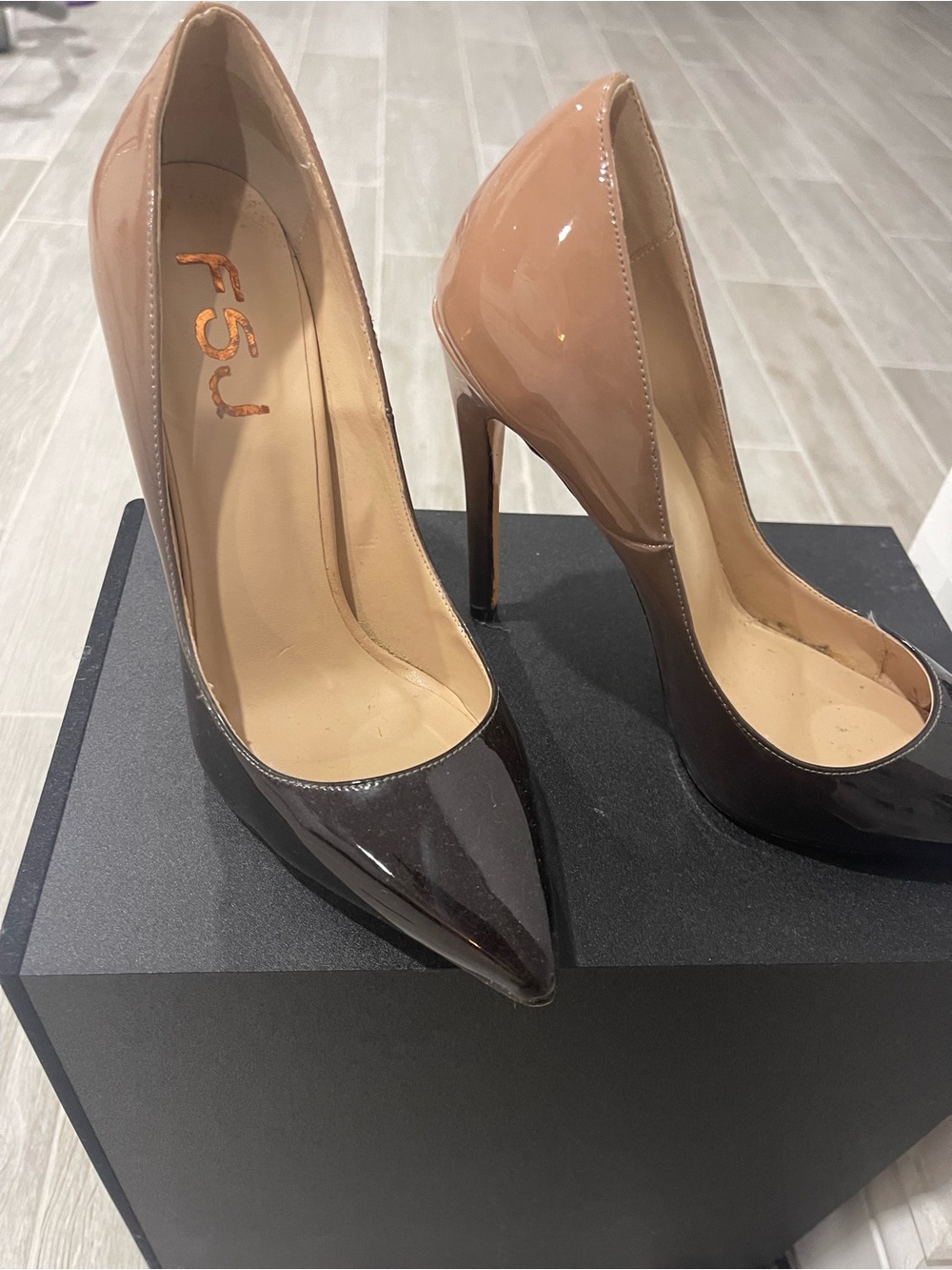 FSJ Two-Tone Patent Pointed Toe Pumps - Nude & Chocolate Brown